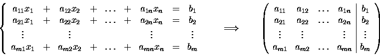\begin{displaymath}\left\{\begin{array}{ccccccccc}
a_{11}x_1&+&a_{12}x_2&+&\dots...
...s&\vdots \\
a_{m1}&a_{m2}&\dots&a_{mn}&b_m
\end{array}\right)\end{displaymath}