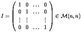 $\displaystyle I=\left(\begin{array}{cccc}
1&0&\dots&0\\
0&1&\dots&0\\
\vdots&\vdots& &\vdots\\
0&0&\dots&1
\end{array}\right) \in {\cal M}(n,n)$