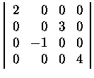 $\left\vert\begin{array}{rrrr}
2&0&0&0\\
0&0&3&0\\
0&-1&0&0\\
0&0&0&4
\end{array}\right\vert$