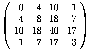 $\left(\begin{array}{rrrr}
0&4&10&1\\
4&8&18&7\\
10&18&40&17\\
1&7&17&3
\end{array}\right)$