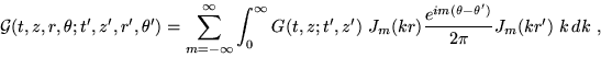 \begin{displaymath}
{\mathcal{G}}(t,z,r,\theta;t',z',r',\theta')=
\sum_{m=-\inft...
...J_m(kr)\frac{e^{im(\theta-\theta')}}{2\pi}
J_m(kr')~k\, dk ~,
\end{displaymath}