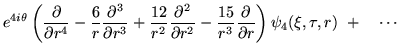 $\displaystyle e^{4i\theta}\left(
\frac{\partial}{\partial r^4}
-\frac{6}{r}\fra...
...ac{15}{r^3} \frac{\partial}{\partial r} \right)\psi_4(\xi,\tau,r)~+\quad \cdots$