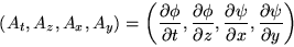 \begin{displaymath}
( A_{t}, A_{z}, A_{x}, A_{y})=\left( \frac{\partial \phi}{\p...
...tial \psi}{\partial
x},\frac{\partial \psi}{\partial y}\right)
\end{displaymath}