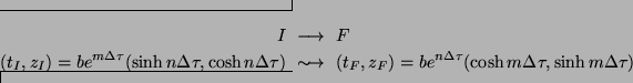 \begin{widetext}
\begin{eqnarray*}
I&\longrightarrow& F\\
(t_I,z_I)=be^{m\Delta...
...n\Delta\tau}(\cosh m\Delta\tau ,\sinh m\Delta\tau)
\end{eqnarray*}\end{widetext}