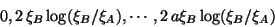 \begin{displaymath}
0,2\,\xi_B \log(\xi_B/\xi_A),\cdots,2\,a\xi_B \log(\xi_B/\xi_A)
\end{displaymath}